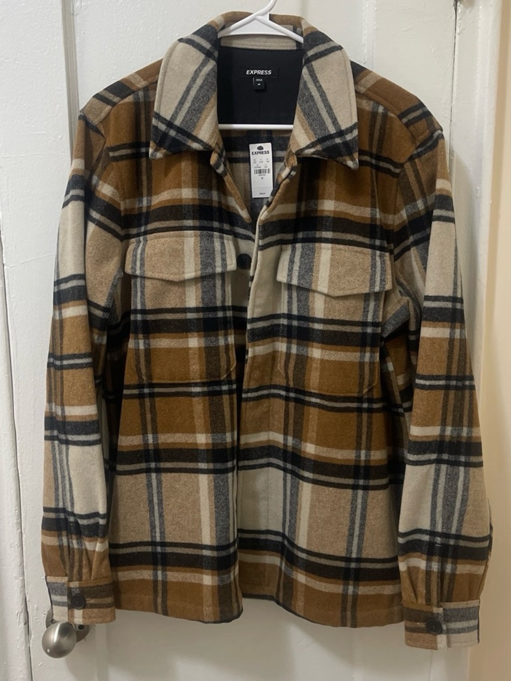 Express Plaid Shacket in Camel and Cream